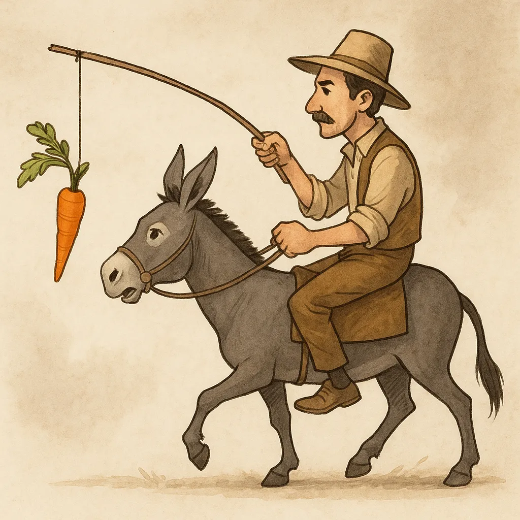 Carrot dangling in front of donkey illustration