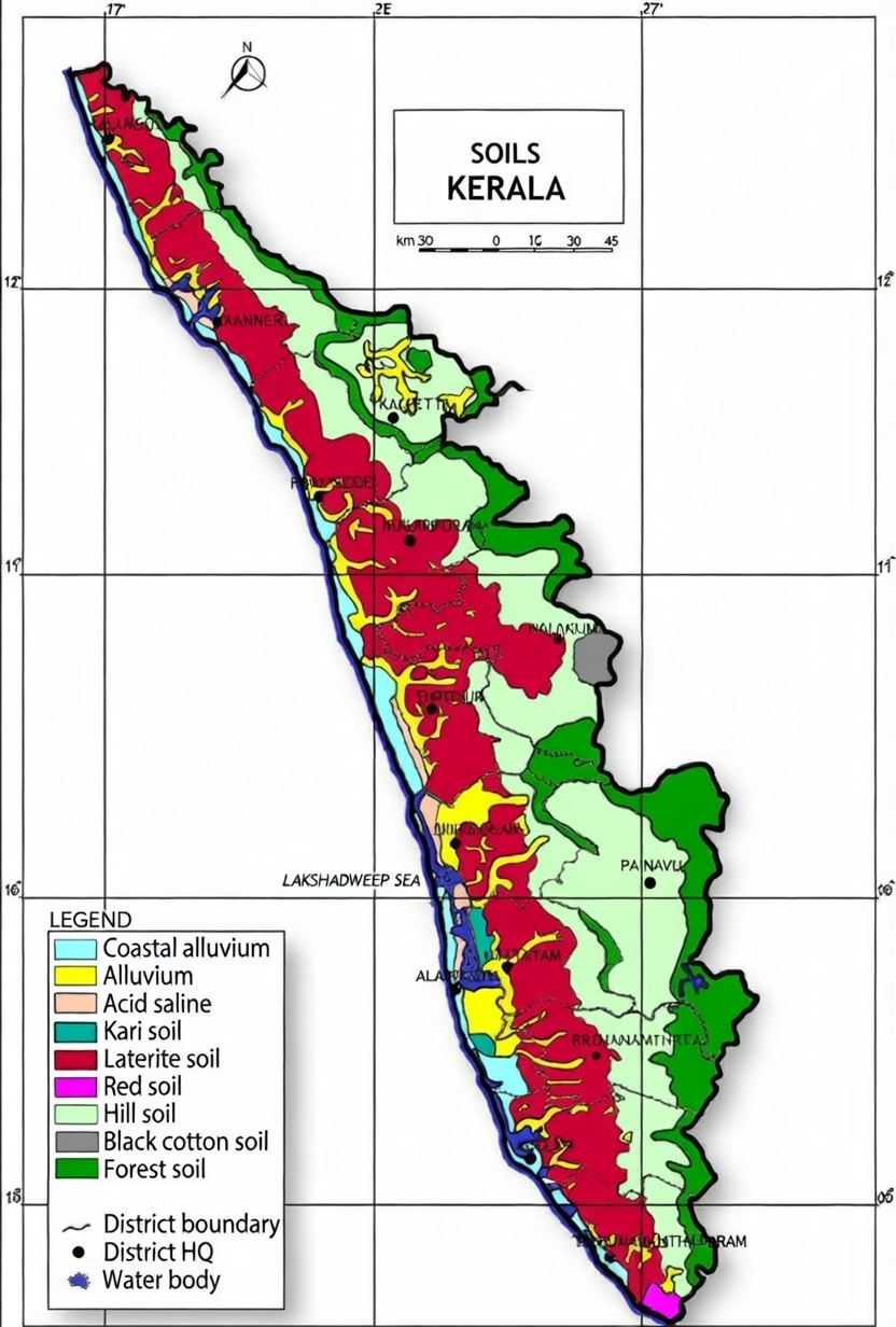 Laterite soil distribution in Kerala showing widespread lateritic formations across districts and Western Ghats regions