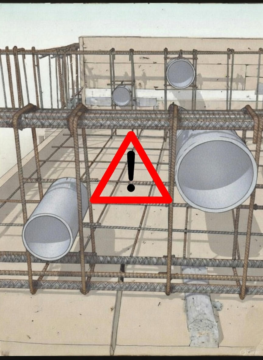Sewage pipes passing through a plinth beam, reducing effective depth and damaging structural integrity